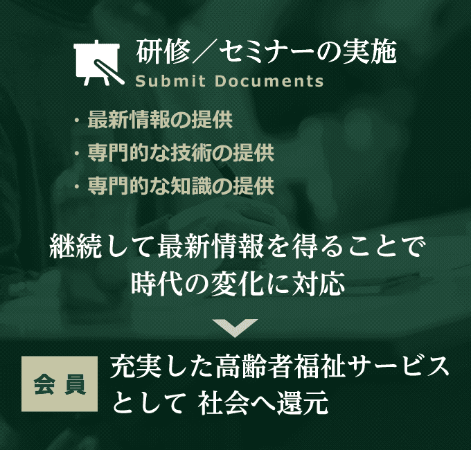 最新情報の提供・専門的な技術の提供・専門的な知識の提供 → 継続して最新情報を得ることで時代の変化に対応 → 会員：充実した高齢者福祉サービスとして社会へ還元